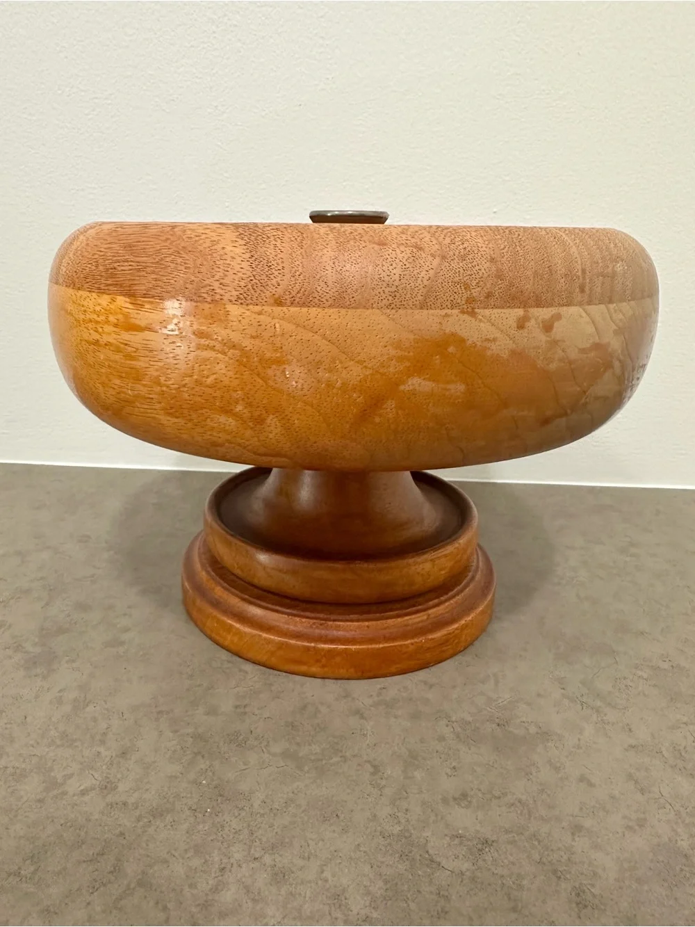 Vintage Hand-Turned Wood Pedestal Nut Bowl Warm Honey Brown Brass Cracking Anvil